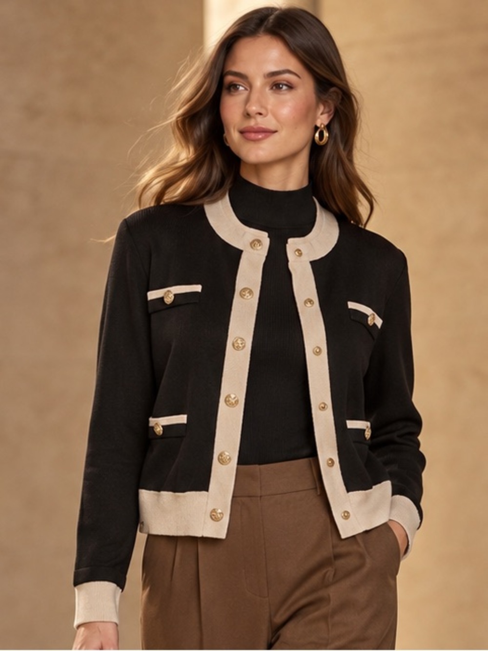 Karl Lagerfeld Paris Contrast Trim Cardigan Black/Birch Front Button Size Medium
